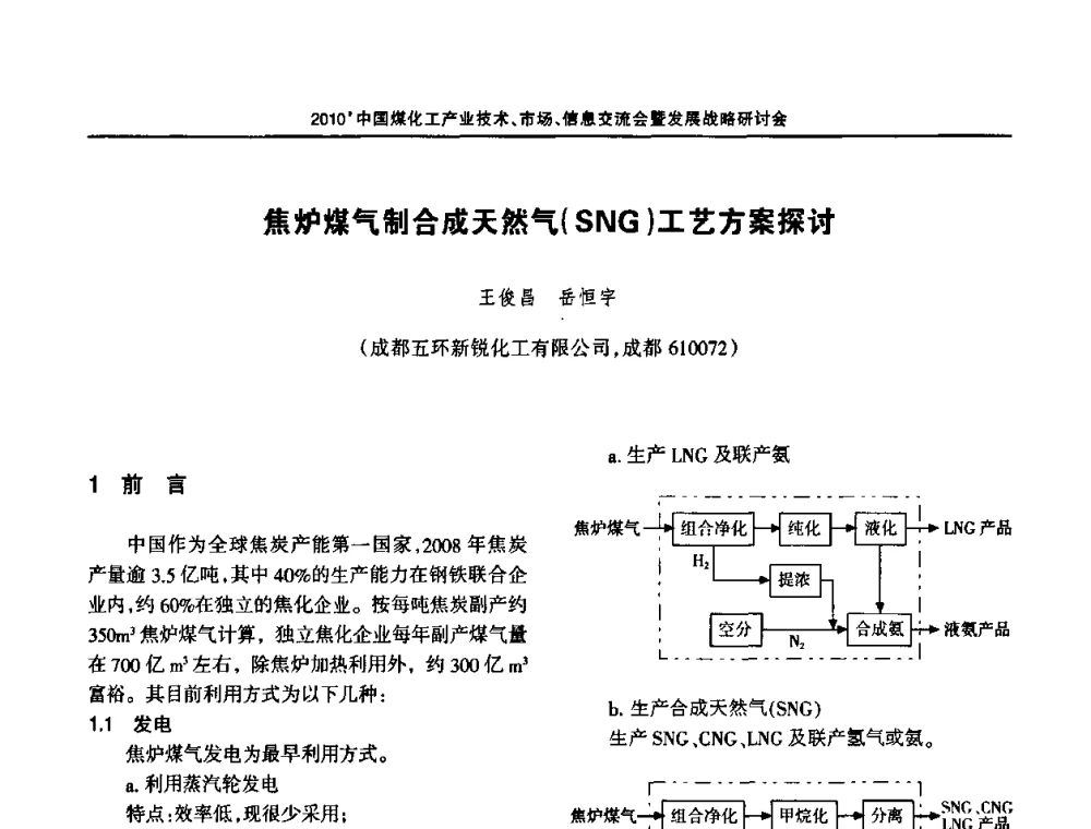焦炉煤气制合成天然气(SNG)工艺方案探讨 - 2010中国煤化工产业技术、市场、信息交流会暨发展战略研讨会