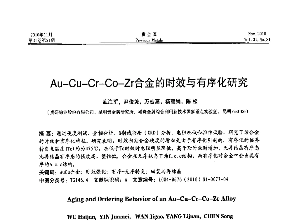 Au-Cu-Cr-Co-Zr合金的时效与有序化研究 - “贵金属的发展、超越”2010年全国贵金属学术研讨会