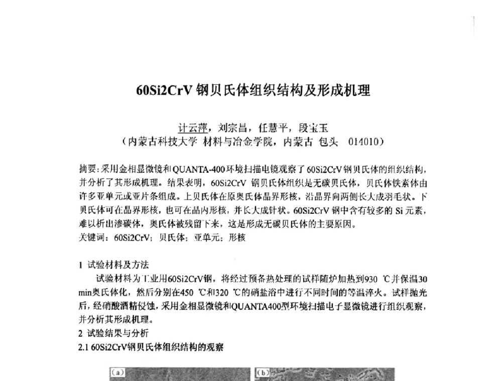 60Si2CrV钢贝氏体组织结构及形成机理 - 第九届全国固态相变、凝固及应用学术会议
