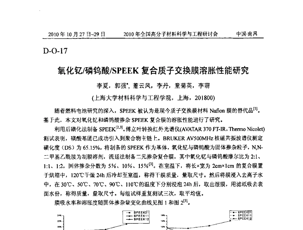 氧化钇_磷钨酸_SPEEK复合质子交换膜溶胀性能研究 - 2010年全国高分子材料科学与工程研讨会