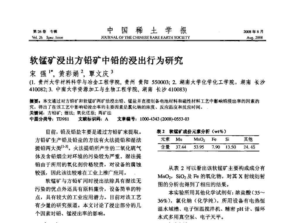 软锰矿浸出方铅矿中铅的浸出行为研究 - 2008年全国冶金物理化学学术会议