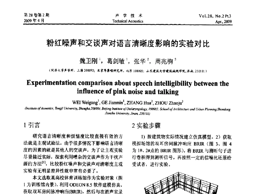 粉红噪声和交谈声对语言清晰度影响的实验对比 - 2009年度全国物理声学会议