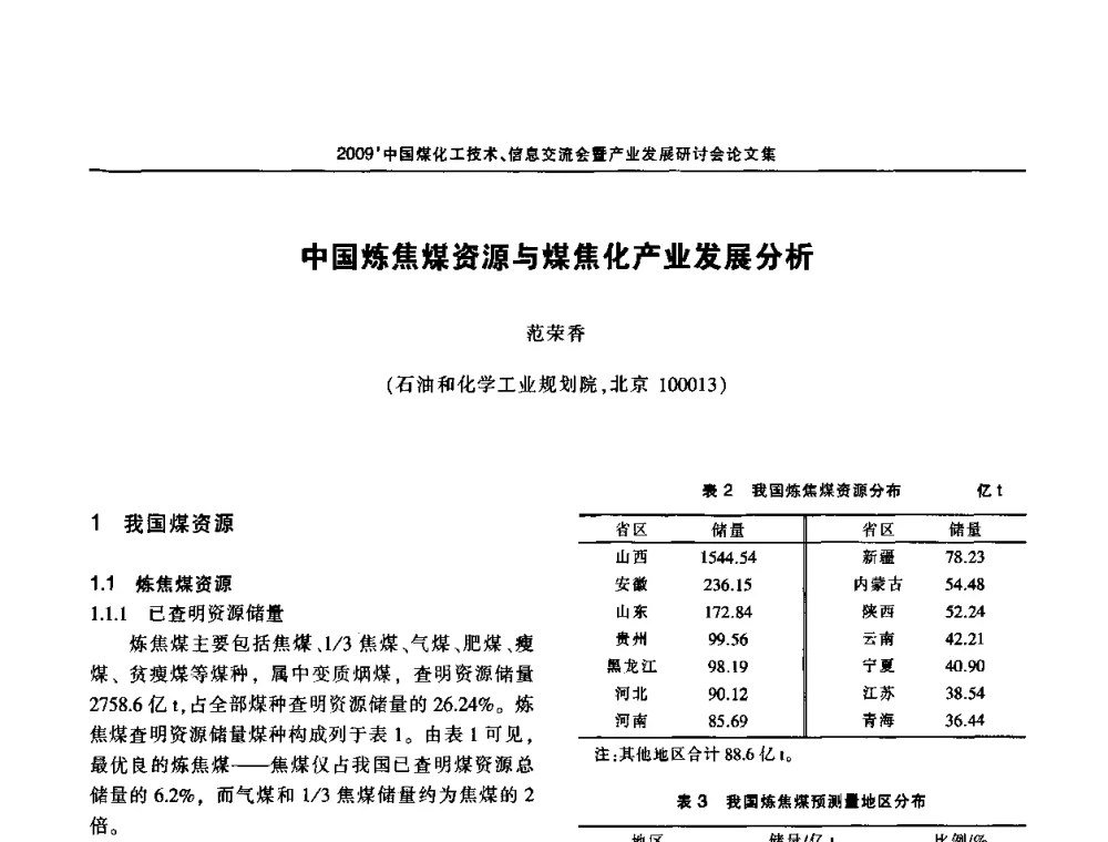 中国炼焦煤资源与煤焦化产业发展分析 - 2009中国煤化工技术、信息交流会暨产业发展研讨会