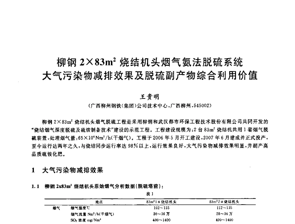 柳钢283m2烧结机头烟气氨法脱硫系统大气污染物减排效果及脱硫副产物综合利用价值 - 中国金属学会2009年烧结工序节能减排技术研讨会