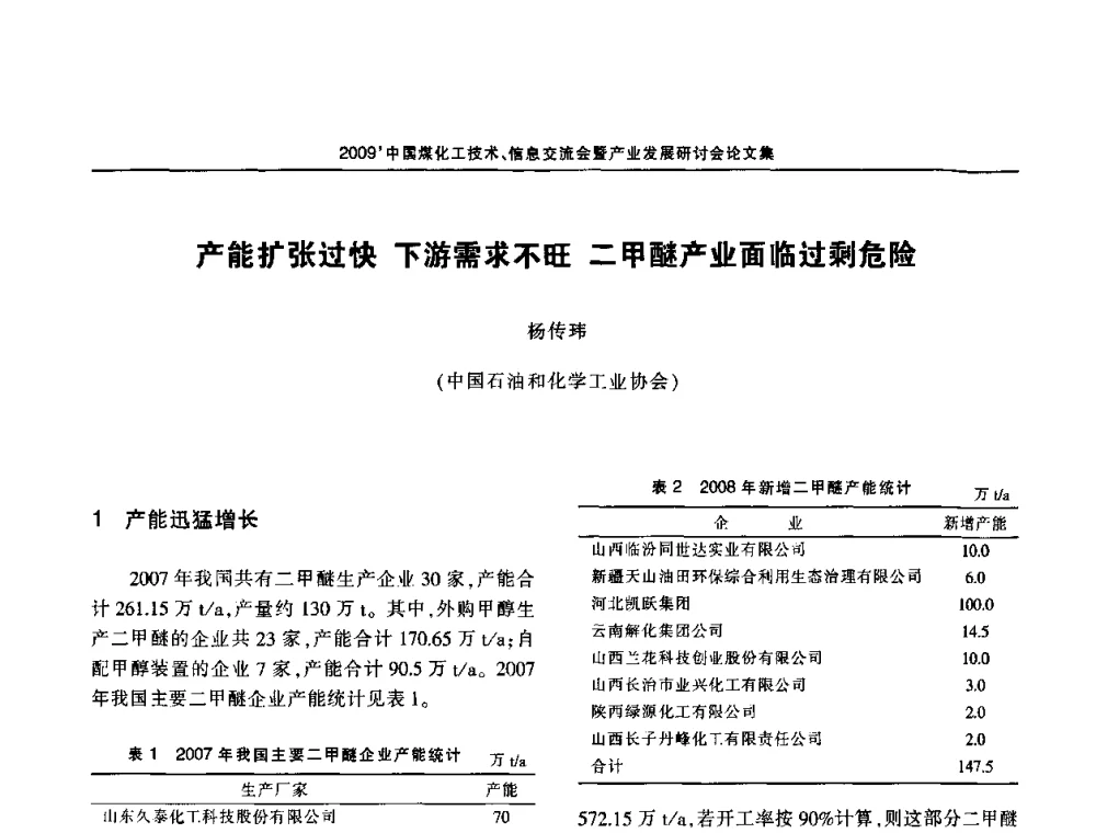产能扩张过快下游需求不旺二甲醚产业面临过剩危险 - 2009中国煤化工技术、信息交流会暨产业发展研讨会