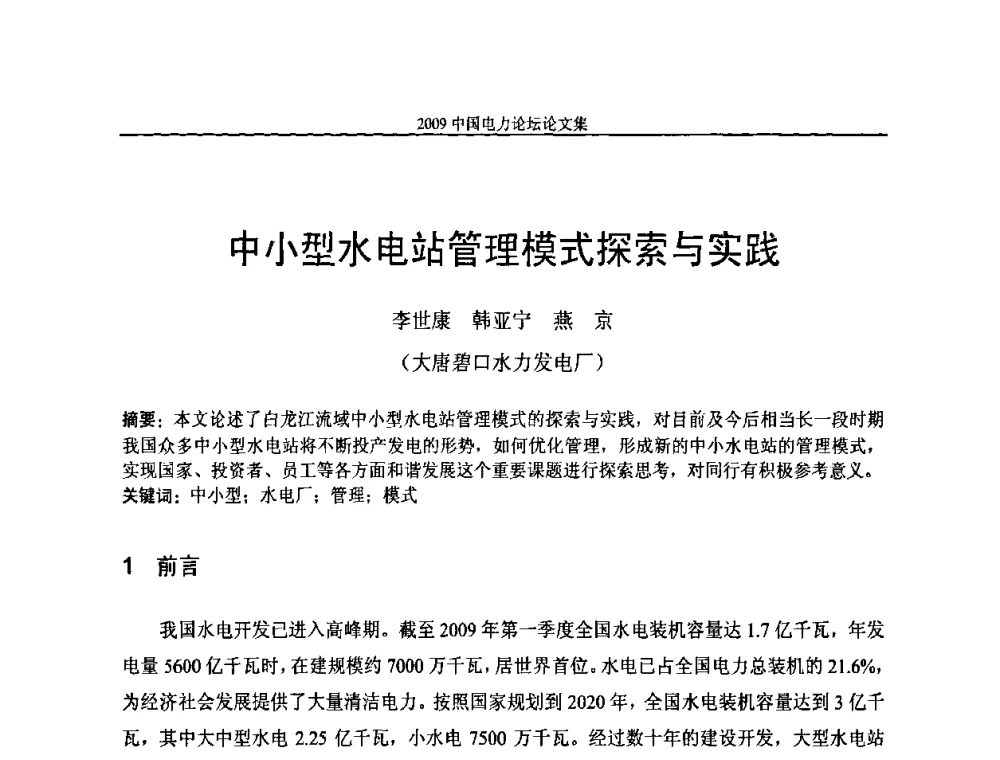 中小型水电站管理模式探索与实践 - 2009中国电力论坛