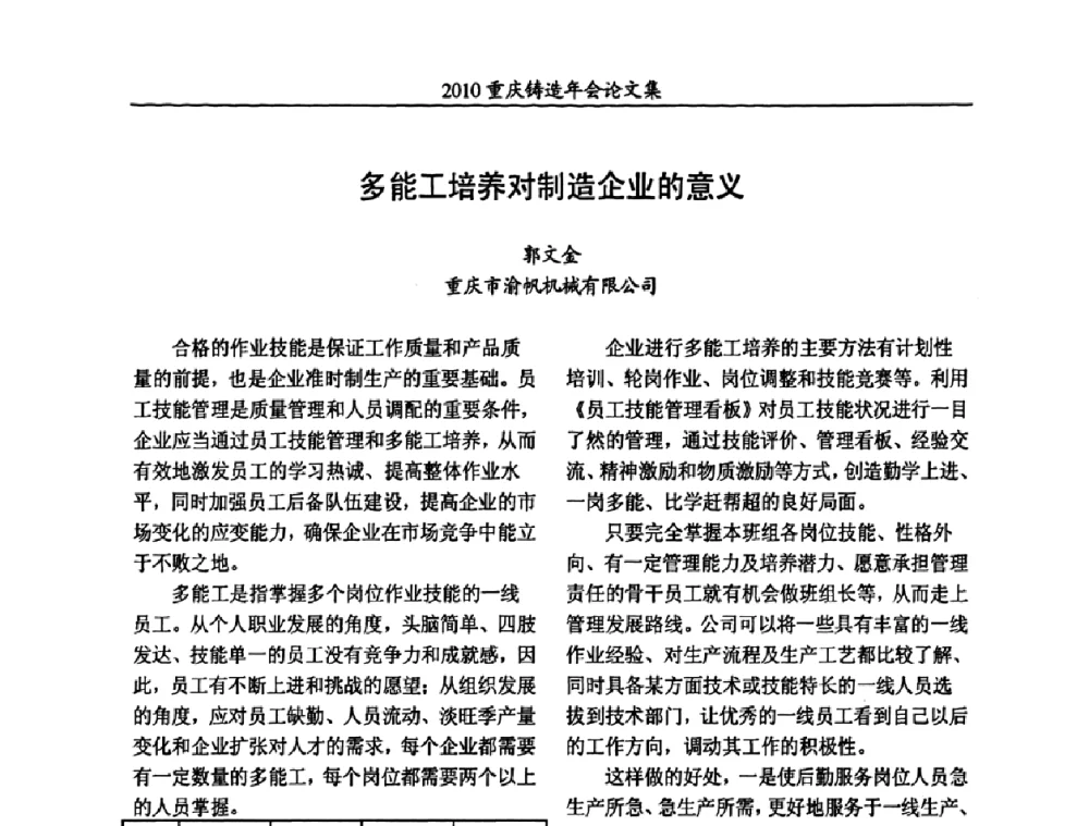 多能工培养对制造企业的意义 - 2010重庆市铸造年会