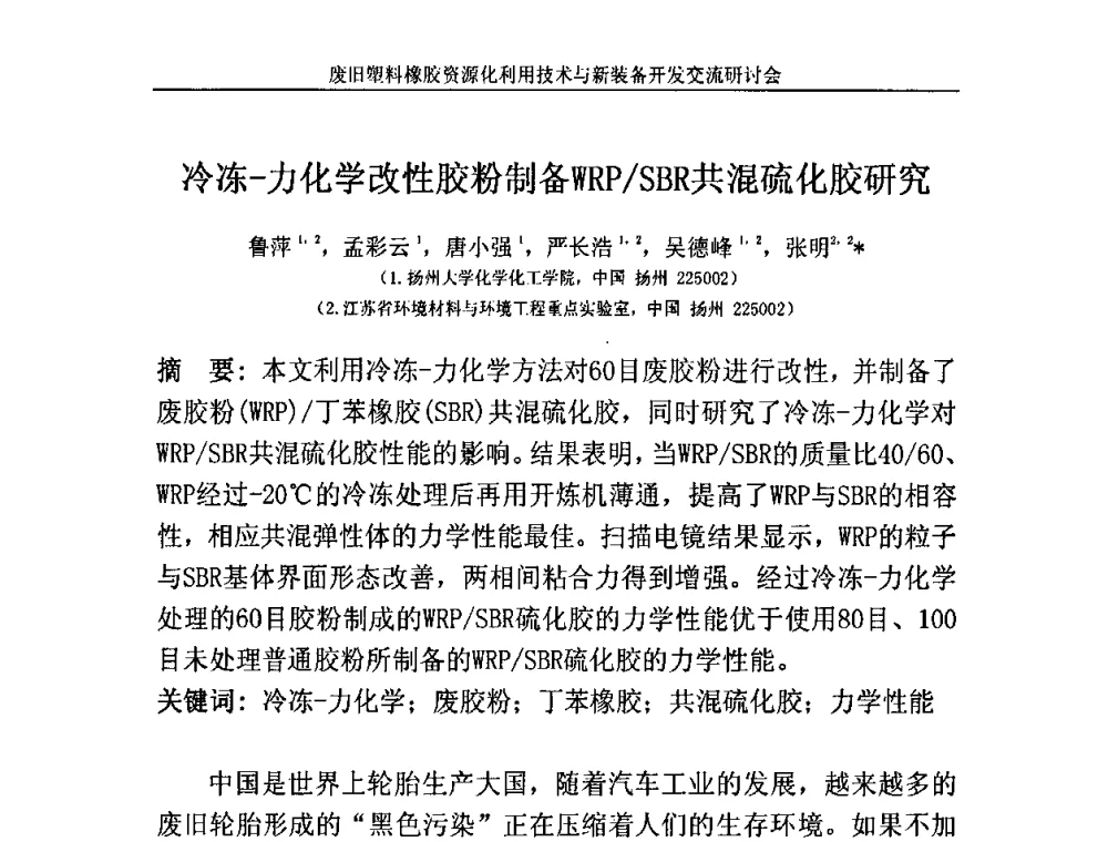 冷冻-力化学改性胶粉制备WRP_SBR共混硫化胶研究 - 2009废旧塑料橡胶资源化利用技术与新装备开发交流研讨会