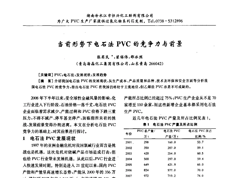当前形势下电石法PVC的竞争力与前景 - 第31届全国聚氯乙烯行业技术年会暨“佳华杯”论文交流会