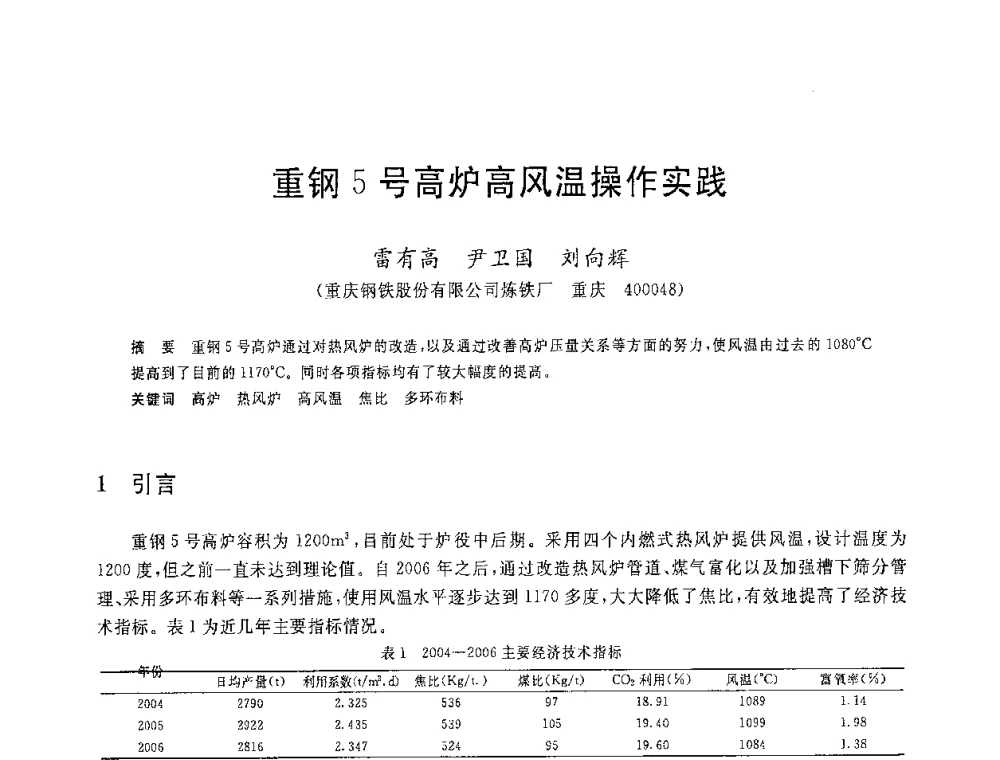 重钢5号高炉高风温操作实践 - 2008年全国炼铁生产技术会议暨炼铁年会