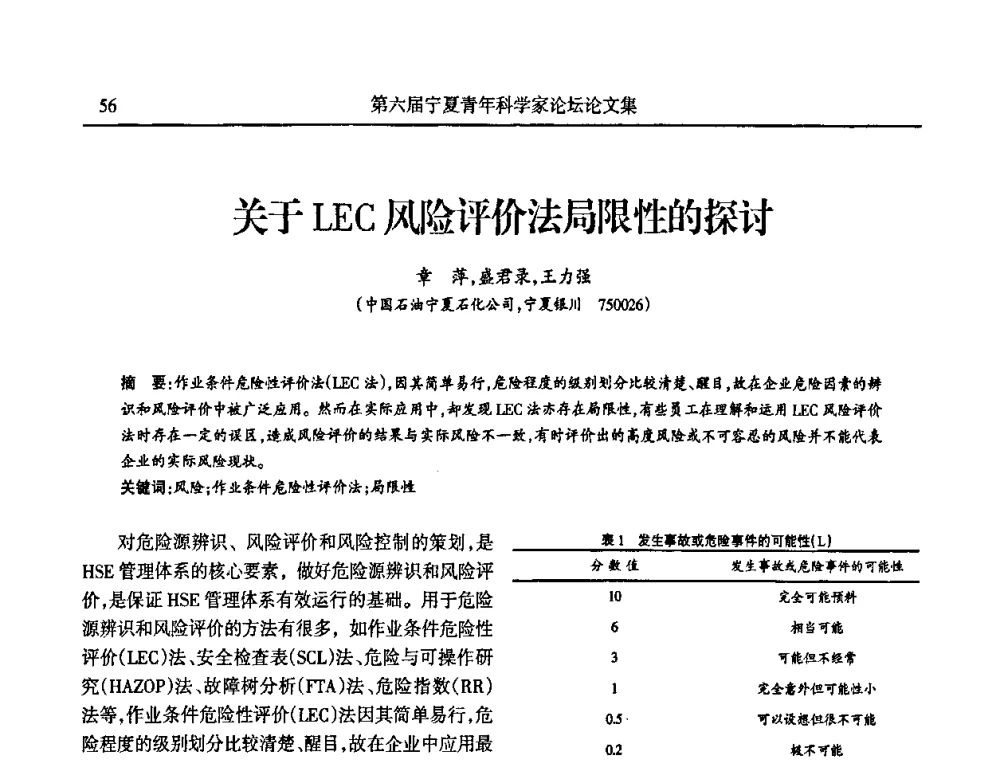 关于LEC风险评价法局限性的探讨 - 第六届宁夏青年科学家论坛