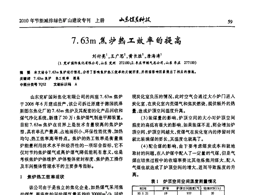 7.63 m焦炉热工效率的提高 - 山东煤炭学会2010年工作会议暨学术年会
