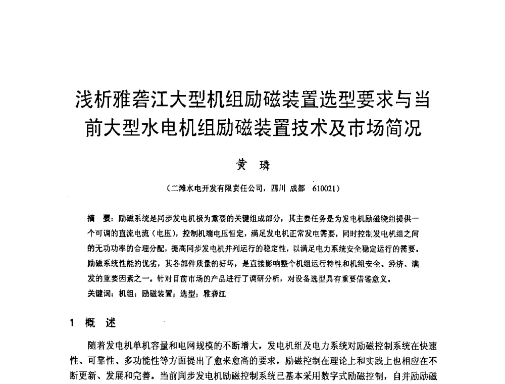 浅析雅砻江大型机组励磁装置选型要求与当前大型水电机组励磁装置技术及市场简况 - 四川省水力发电工程学会2008年学术年会