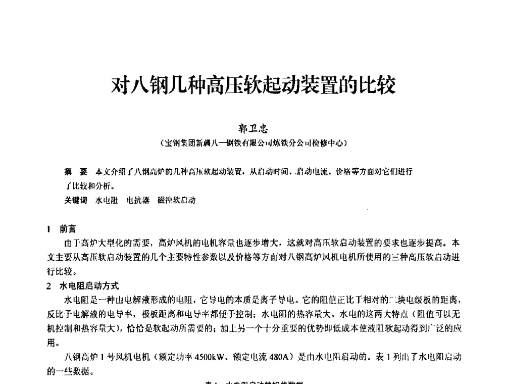 对八钢几种高压软起动装置的比较 - 2010中小高炉炼铁学术年会