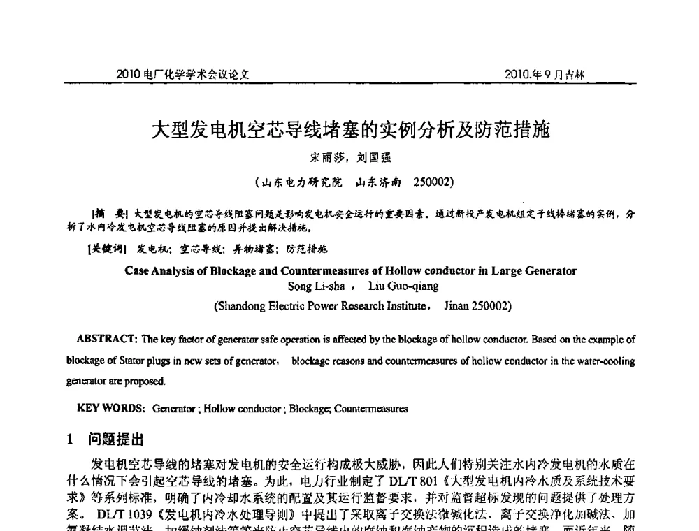 大型发电机空芯导线堵塞的实例分析及防范措施 - 中国电机工程学会电厂化学2010学术年会