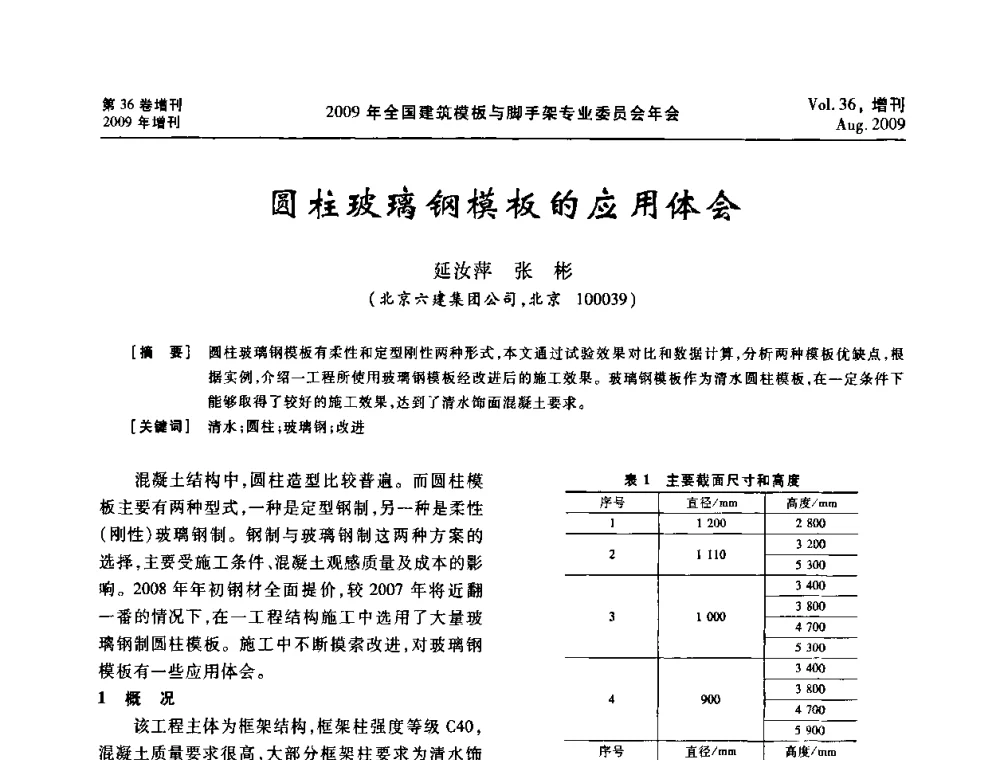 圆柱玻璃钢模板的应用体会 - 中国建筑学会施工学术委员会模板与脚手架专业委员会2009年会