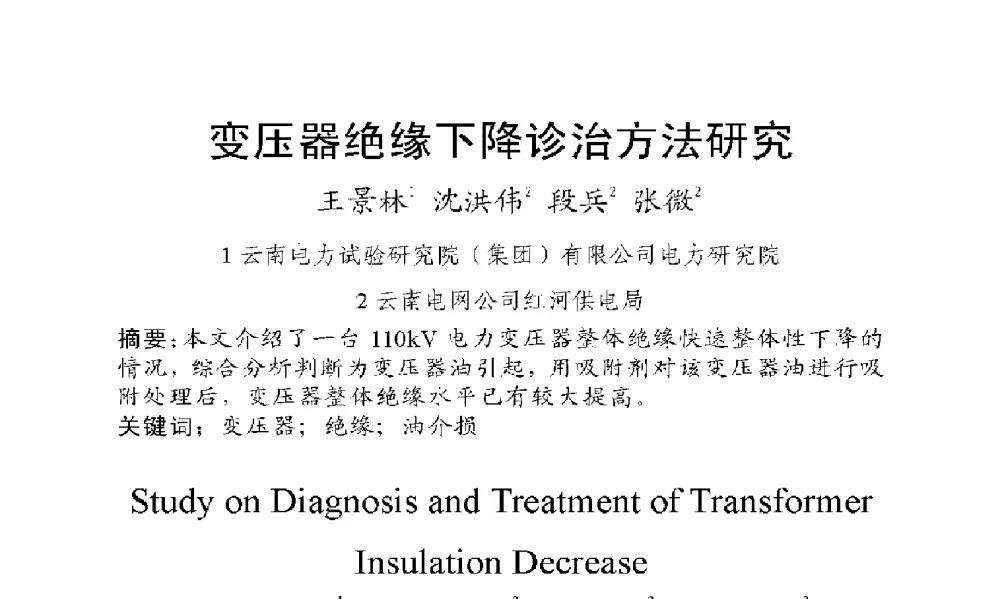 变压器绝缘下降诊治方法研究 - 2009年云南电力技术论坛