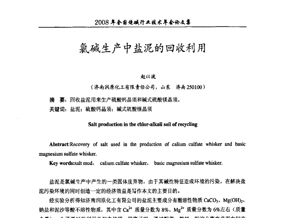 氯碱生产中盐泥的回收利用 - 2008年全国烧碱行业技术年会