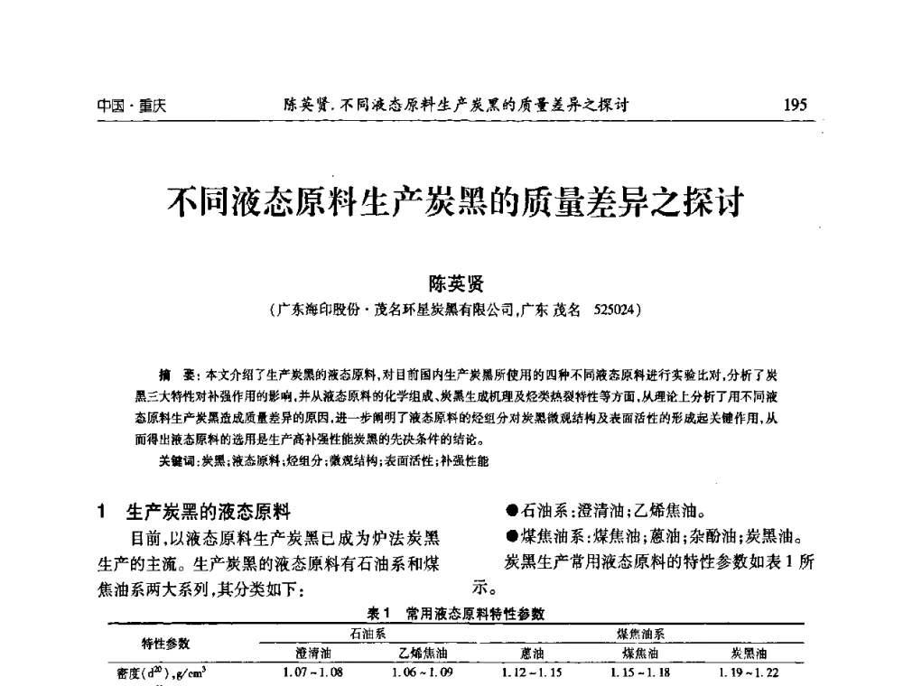 不同液态原料生产炭黑的质量差异之探讨 - 2010年中国炭黑展望会