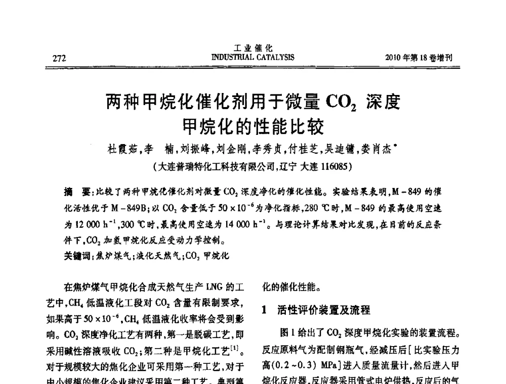 两种甲烷化催化剂用于微量CO2深度甲烷化的性能比较 - 第七届全国工业催化技术及应用年会