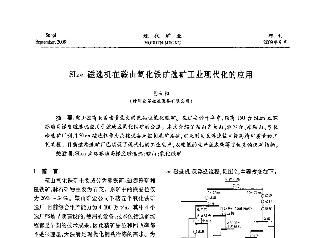 SLon磁选机在鞍山氧化铁矿选矿工业现代化的应用 - 第九届中国选矿大会