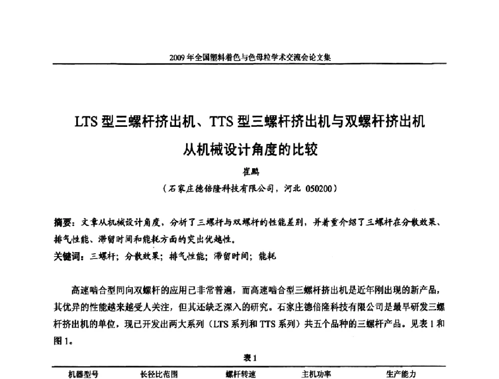 LTS型三螺杆挤出机、TTS型三螺杆挤出机与双螺杆挤出机从机械设计角度的比较 - 中国染料工业协会色母粒专业委员会2009全国塑料着色与色母粒学术交流会