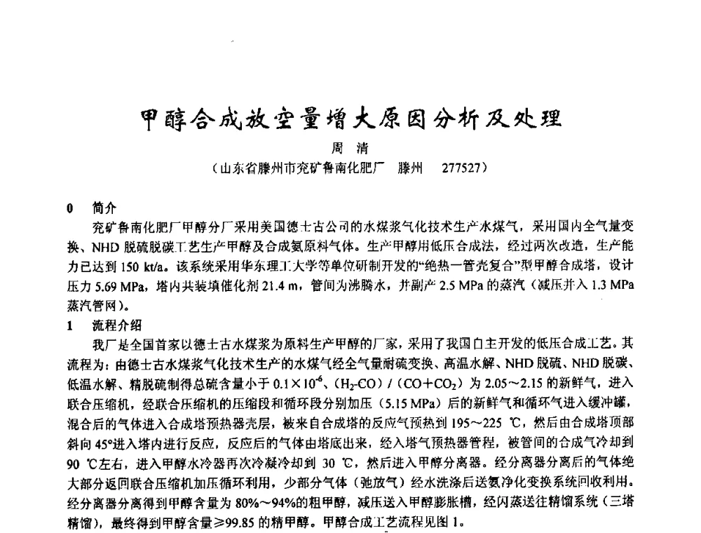 甲醇合成放空量增大原因分析及处理 - 2003年全国甲醇节能减排生产技术、甲醇下游产品产业化技术、二氧化碳回收利用技术、催化剂安全节能使用经验交流研讨会
