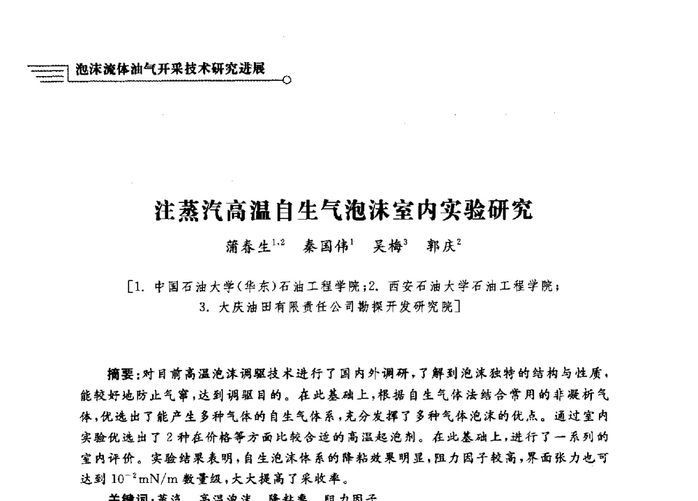 注蒸汽高温自生气泡沫室内实验研究 - 泡沫流体提高油气开采效率技术研讨会