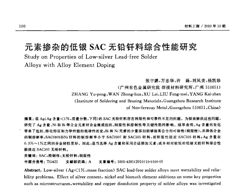 元素掺杂的低银SAC无铅钎料综合性能研究 - 第十八届全国钎焊及特种连接技术交流会