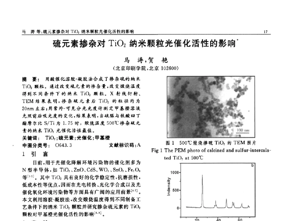 硫元素掺杂对TiO2纳米颗粒光催化活性的影响 - 第七届中国功能材料及其应用学术会议