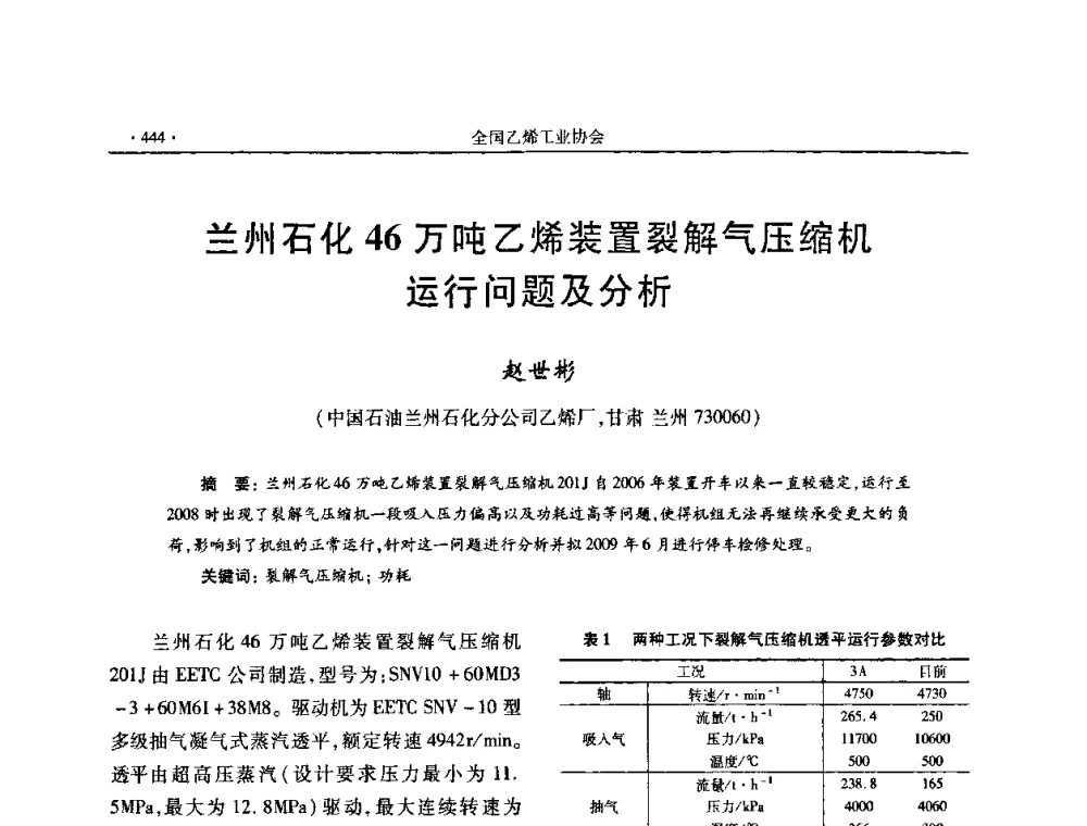 兰州石化46万吨乙烯装置裂解气压缩机运行问题及分析 - 第十六次全国乙烯年会