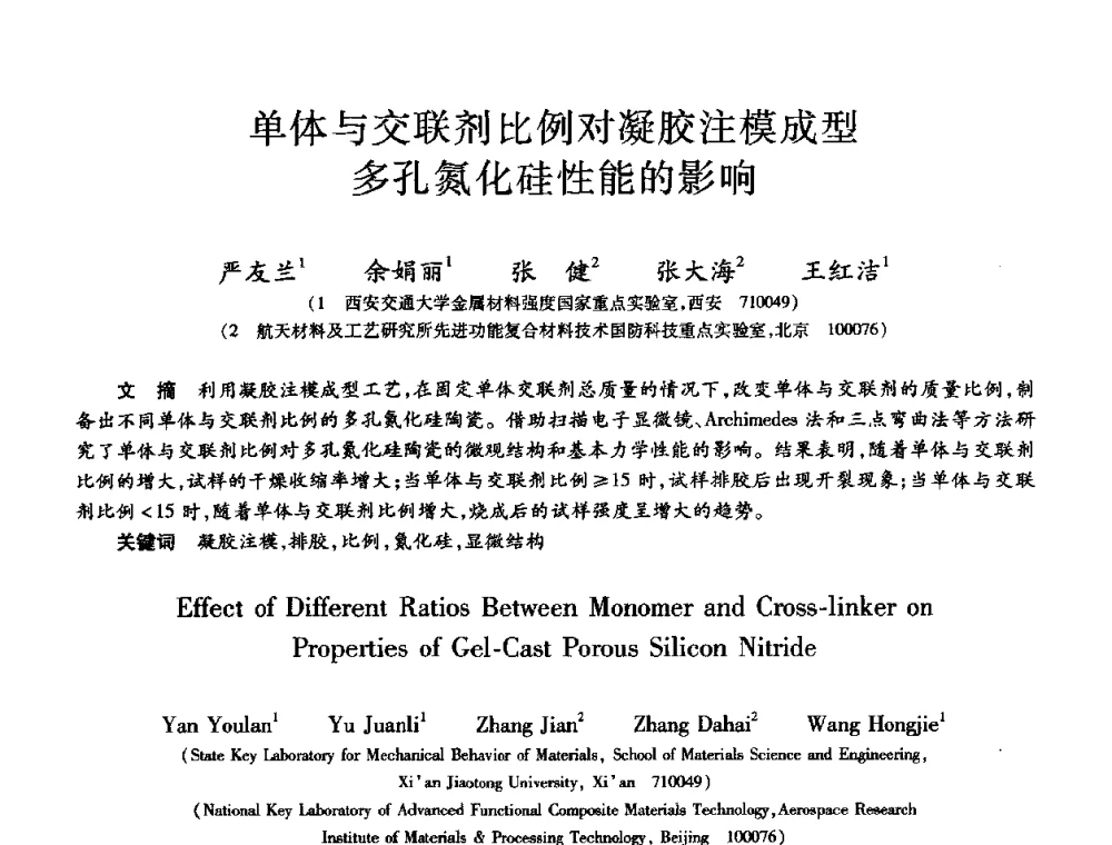 单体与交联剂比例对凝胶注模成型多孔氮化硅性能的影响 - 第十届全国先进功能复合材料技术学术交流会