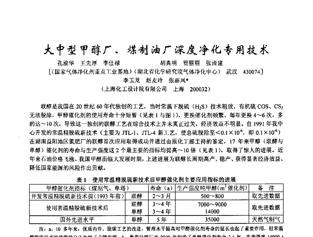大中型甲醇厂、煤制油厂深度净化专用技术 - 2003年全国甲醇节能减排生产技术、甲醇下游产品产业化技术、二氧化碳回收利用技术、催化剂安全节能使用经验交流研讨会