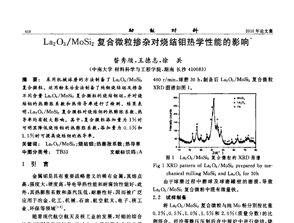 La2O3_MoSi2复合微粒掺杂对烧结钼热学性能的影响 - 第七届中国功能材料及其应用学术会议