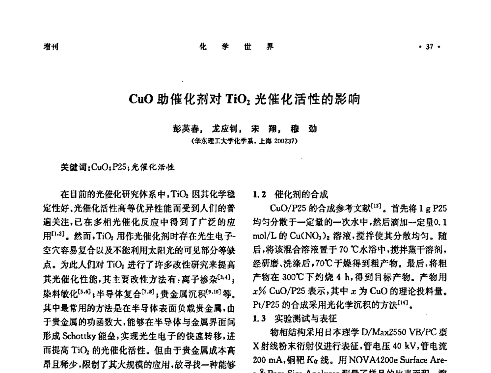 CuO助催化剂对TiO2光催化活性的影响 - 上海市化学化工学会2009年度学术年会