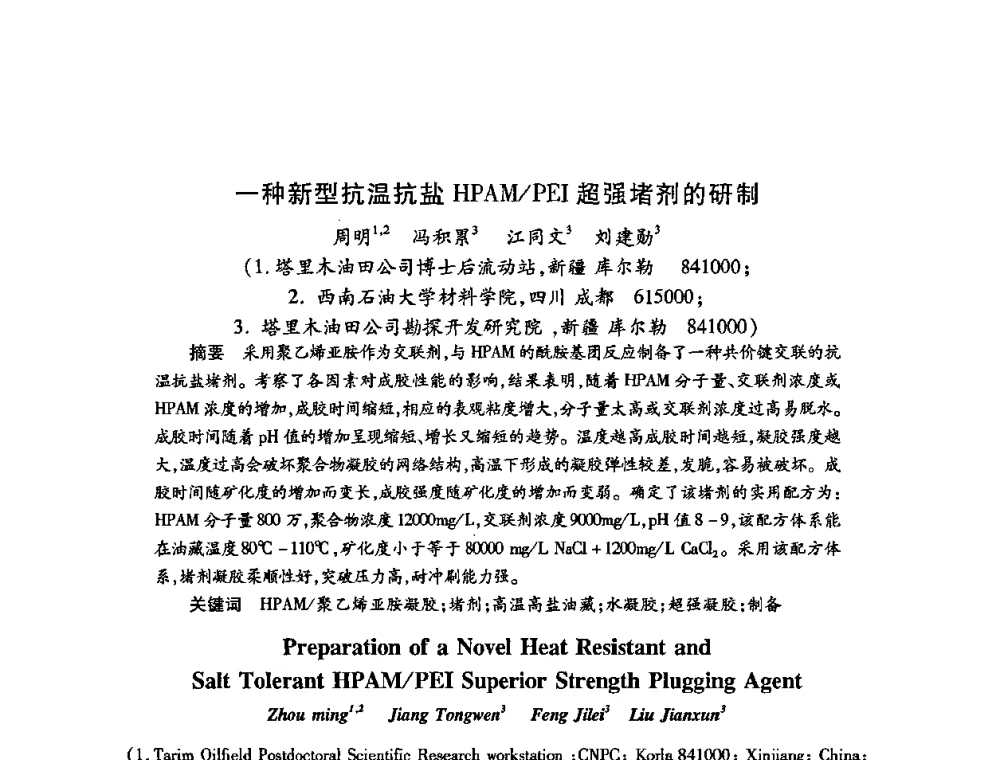 一种新型抗温抗盐HPAM_PEI超强堵剂的研制 - 2009中国油田化学品发展研讨会(第23次全国工业表面活性剂发展研讨会)