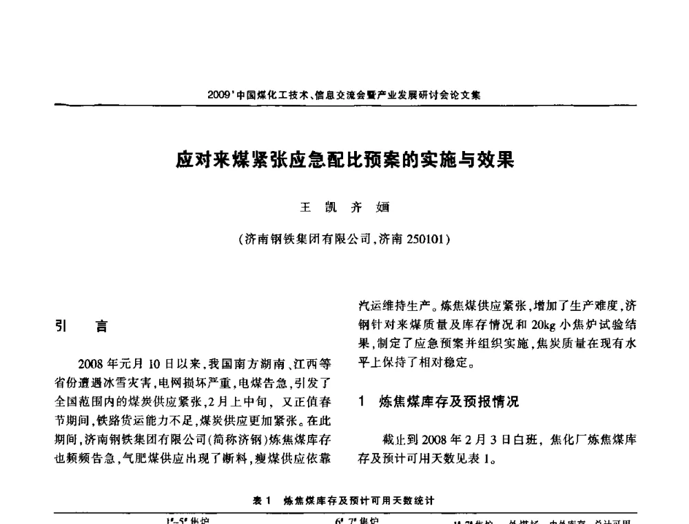 应对来煤紧张应急配比预案的实施与效果 - 2009中国煤化工技术、信息交流会暨产业发展研讨会