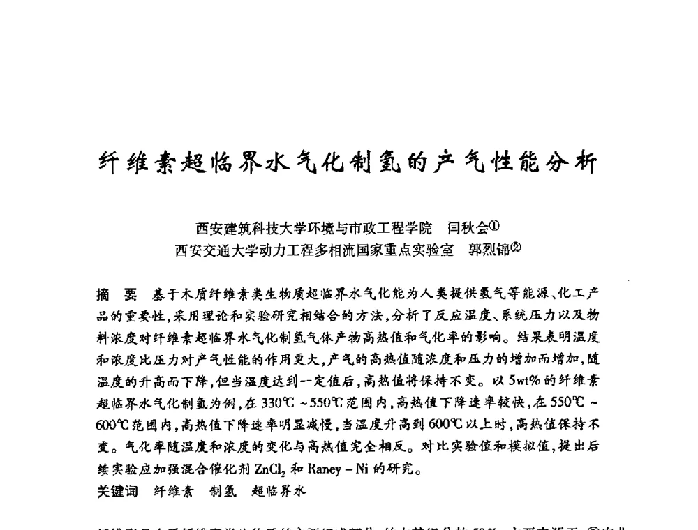 纤维素超临界水气化制氢的产气性能分析 - 陕西省暖通空调专业委员会、西安制冷学会2008年联合学术年会