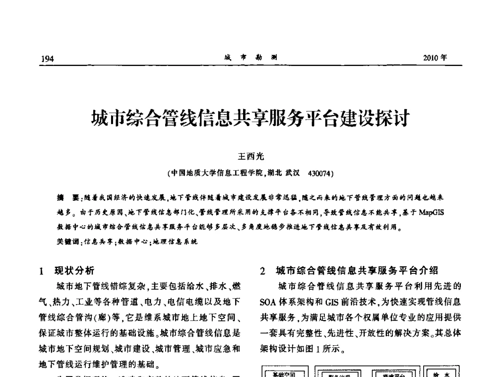 城市综合管线信息共享服务平台建设探讨 - 中国城市规划协会地下管线专业委员会第二次会员代表大会