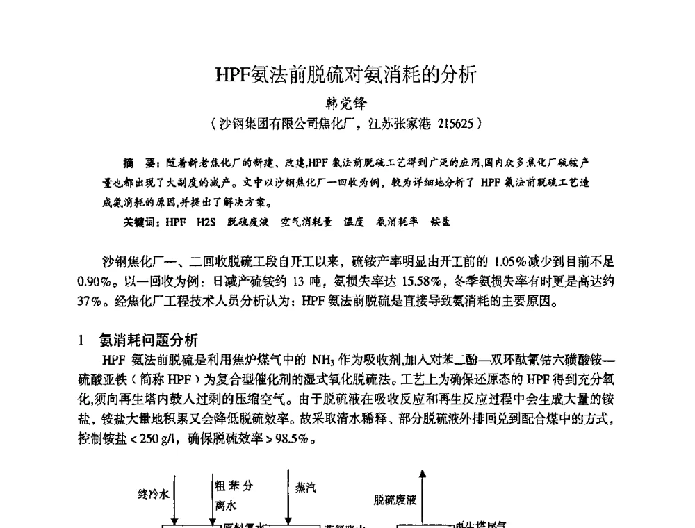 HPF氨法前脱硫对氨消耗的分析 - 苏、鲁、皖、赣、冀五省金属学会第十五届焦化学术年会