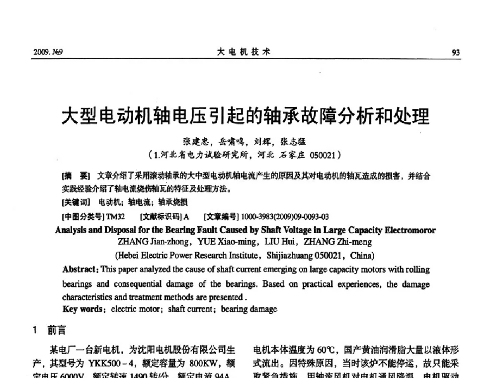 大型电动机轴电压引起的轴承故障分析和处理 - 中国电机工程学会大电机专业委员会2009年学术年会