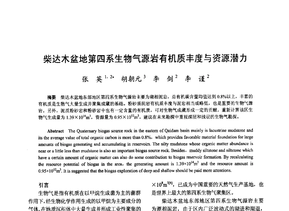 柴达木盆地第四系生物气源岩有机质丰度与资源潜力 - 2008年中国油气论坛——天然气专题研讨会
