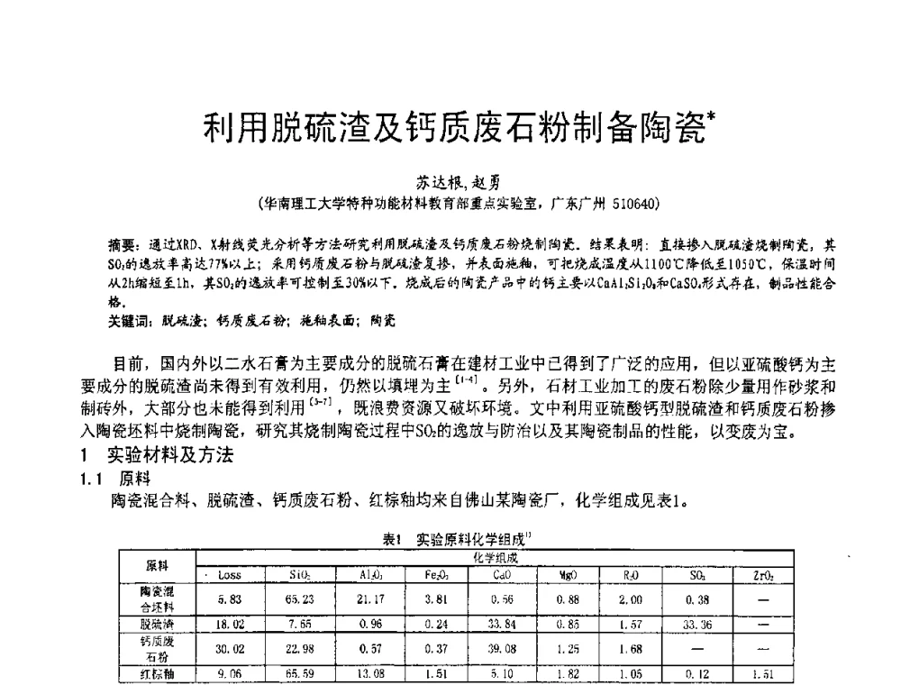 利用脱硫渣及钙质废石粉制备陶瓷 - 2010亚洲国际燃煤副产物-粉煤灰及脱硫石膏处理与利用技术大会