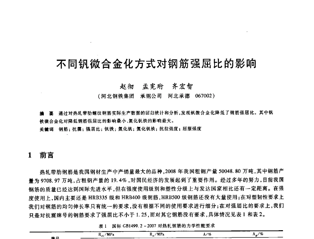 不同钒微合金化方式对钢筋强屈比的影响 - 2009全国建筑钢筋生产、设计与应用技术交流研讨会