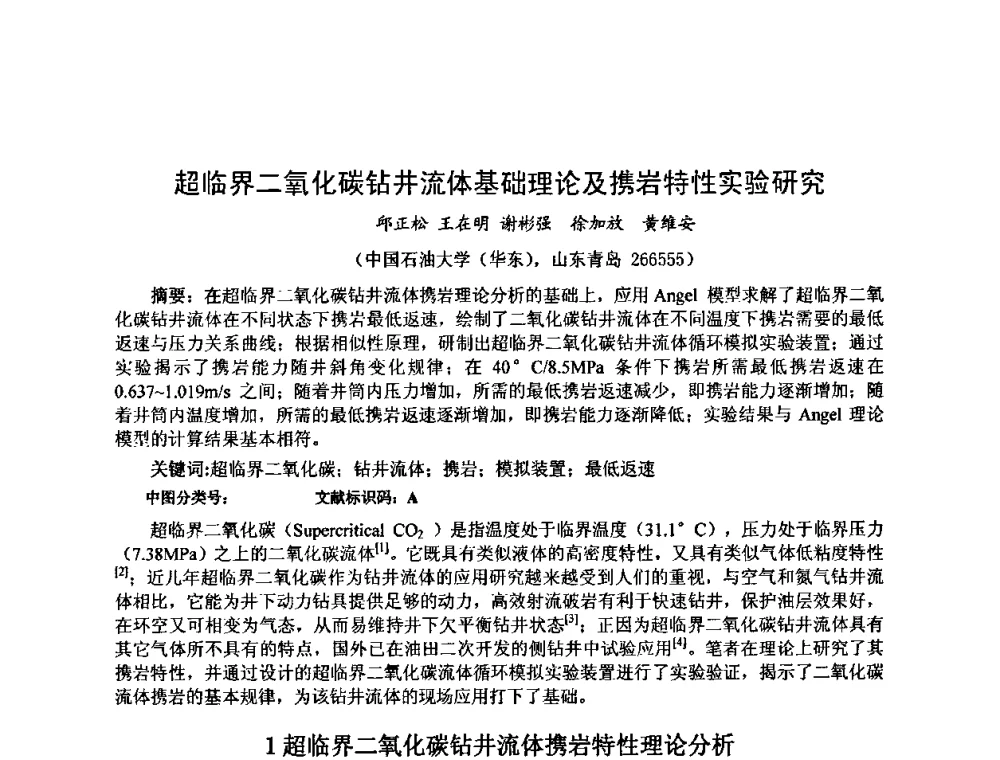 超临界二氧化碳钻井流体基础理论及携岩特性实验研究 - 第十届石油钻井院所长会议