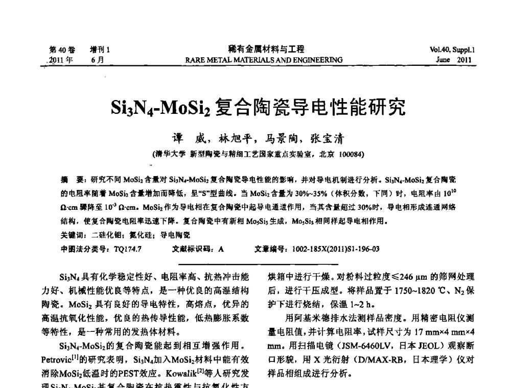 Si3N4-MoSi2复合陶瓷导电性能研究 - 第十六届全国高技术陶瓷学术年会暨景德镇高技术陶瓷高层论坛