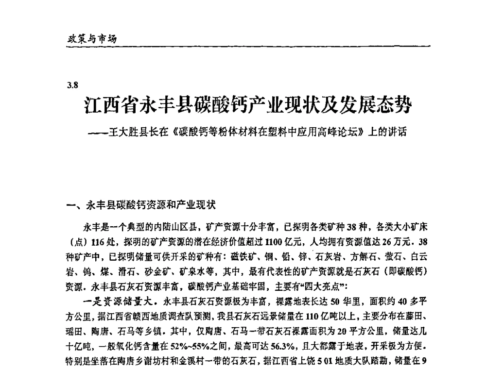 江西省永丰县碳酸钙产业现状及发展态势--王大胜县长在《碳酸钙等粉体材料在塑料中应用高峰论坛》上的讲话 - 2009年改性塑料及功能母料产业发展论坛