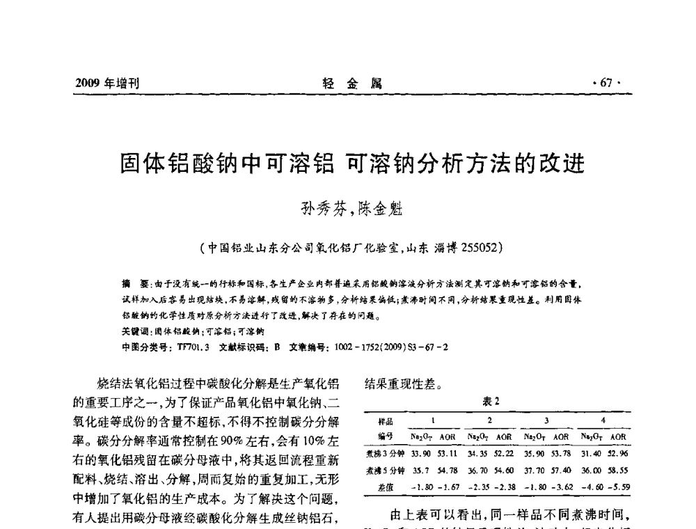 固体铝酸钠中可溶铝 可溶钠分析方法的改进 - 全国第14次氧化铝第15次电解铝和第11次铝用碳素技术信息交流会