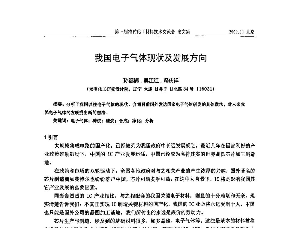 我国电子气体现状及发展方向 - 中国化工学会特种化工专业委员会成立大会暨第一届特种化工材料技术交流会