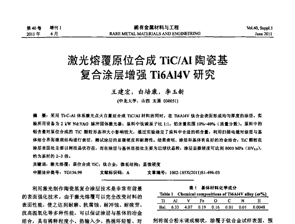 激光熔覆原位合成TiC_Al陶瓷基复合涂层增强Ti6Al4V研究 - 第十六届全国高技术陶瓷学术年会暨景德镇高技术陶瓷高层论坛